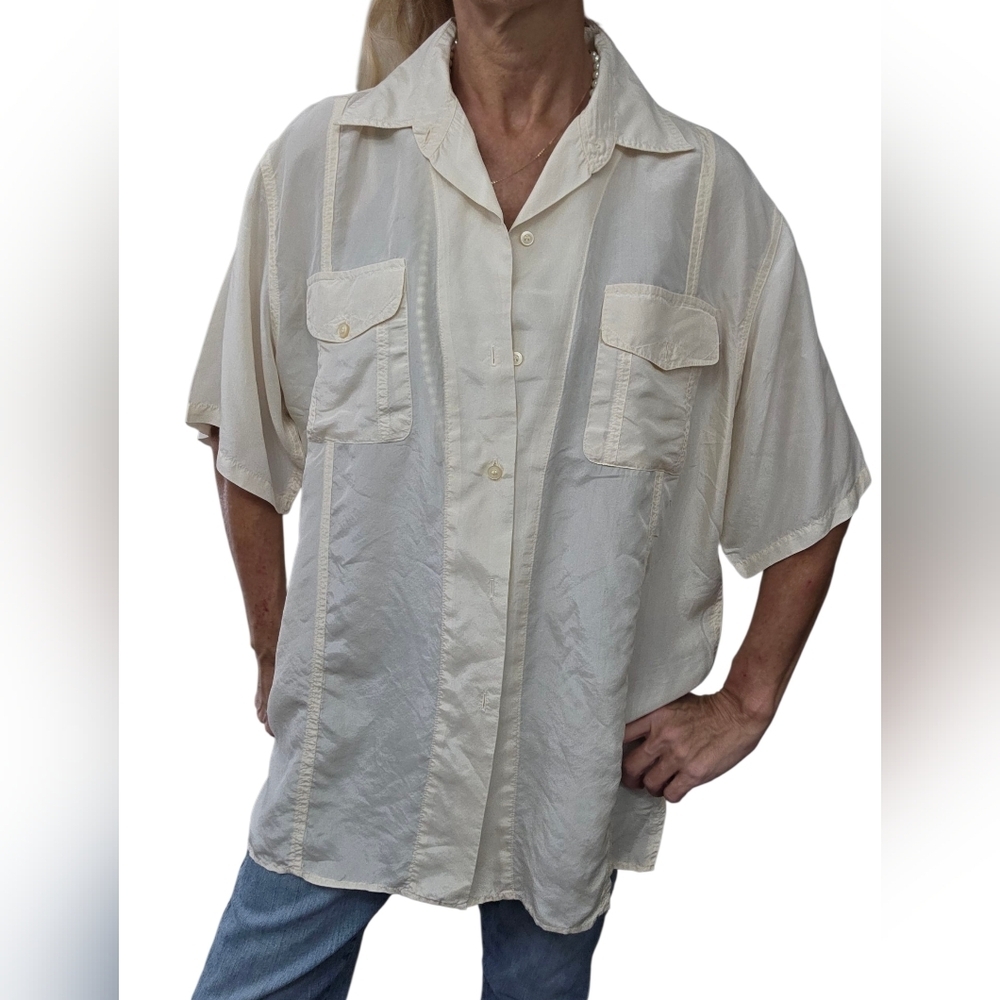 Vintage RMS Designs 100% Silk Short Sleeve Button Up Shirt Cream Minimalist Y2K